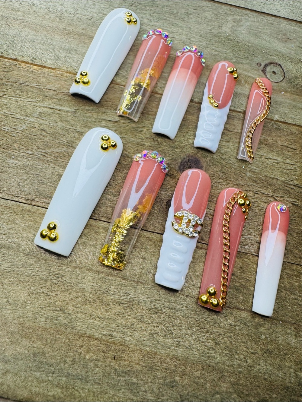 Pink White & Gold Bling Press-On Nails Rhinestone Chain Set Medium